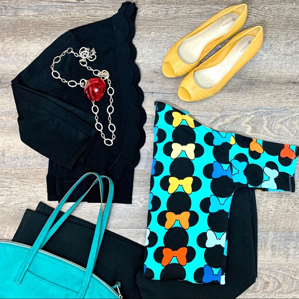 LulaRoe turquoise tunic Minnie Mouse ears  hi low hem, S, Disney Rainbow colors